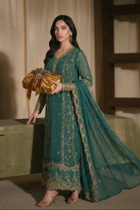 Emerald Green Chiffon Heavy Embroidered 3-Piece suit | Ready to Wear