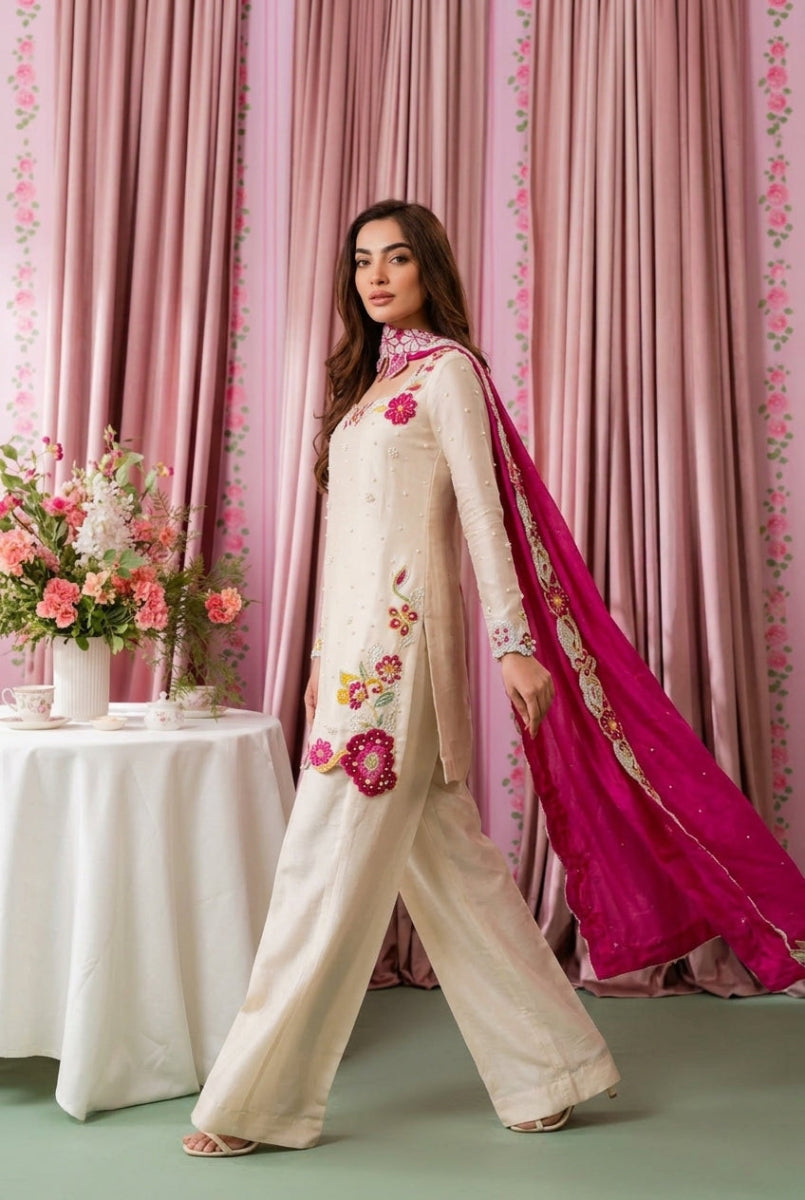 Embroidered Shamoze Silk Pearl Work 3-Piece Suit | Ready To Wear