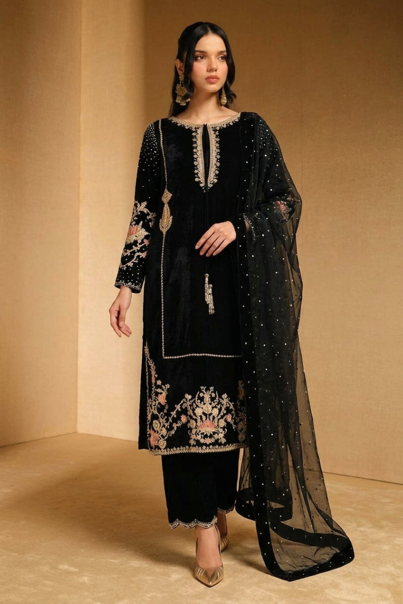 Black Velvet Embroidered 3-Piece Suit | Ready To Wear