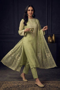 Pistachio Green Semi Pure Chiffon 3-Piece Embroidered Suit | Ready to Wear