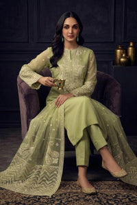 Pistachio Green Semi Pure Chiffon 3-Piece Embroidered Suit | Ready to Wear