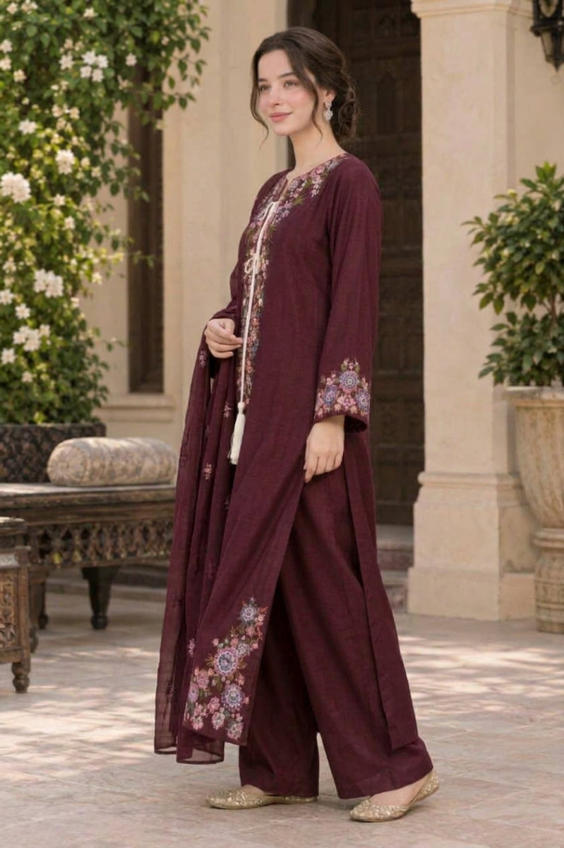 Plum / Deep Maroon  Luxury Shamoz Silk Embroidered 3-Piece Suit | Ready to Wear
