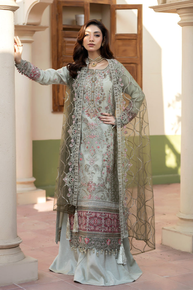 Pastel Green-Grey Luxury Organza Embroidered 3-Piece Suit | Ready to Wear