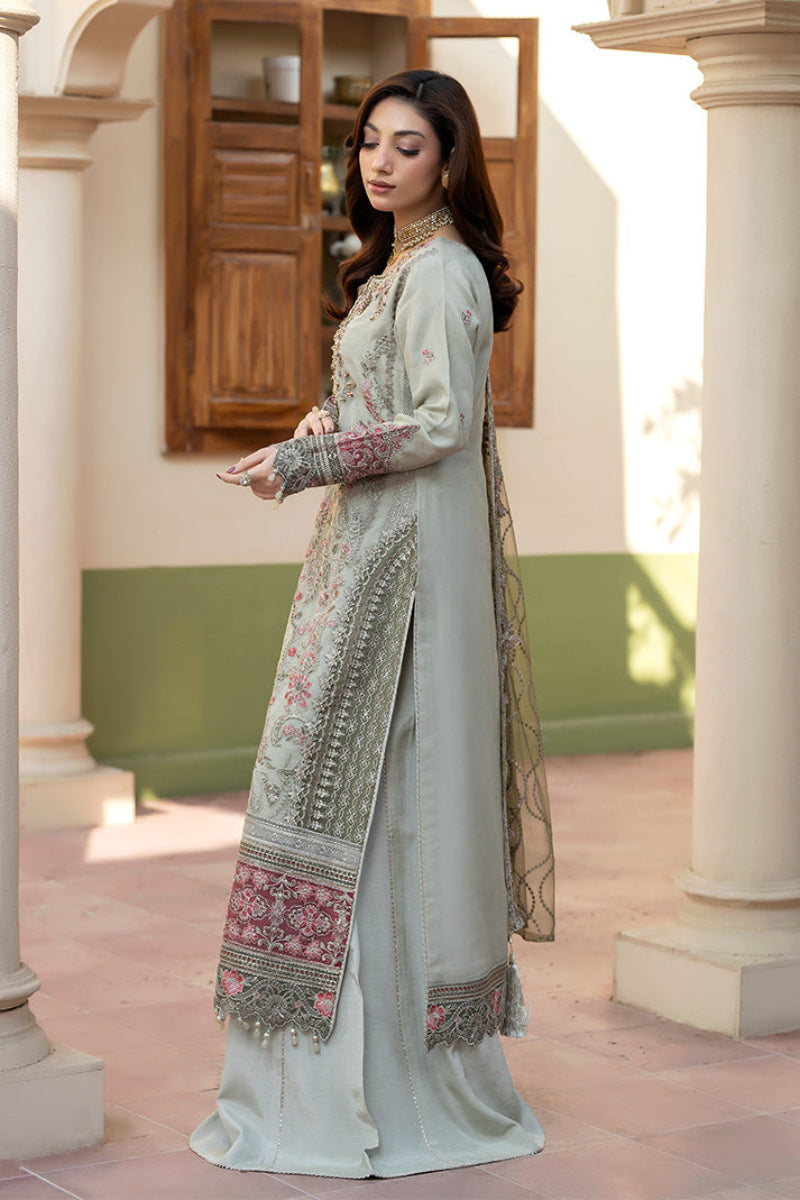 Pastel Green-Grey Luxury Organza Embroidered 3-Piece Suit | Ready to Wear