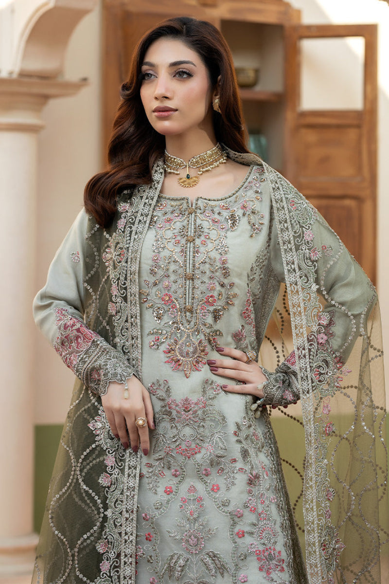 Pastel Green-Grey Luxury Organza Embroidered 3-Piece Suit | Ready to Wear