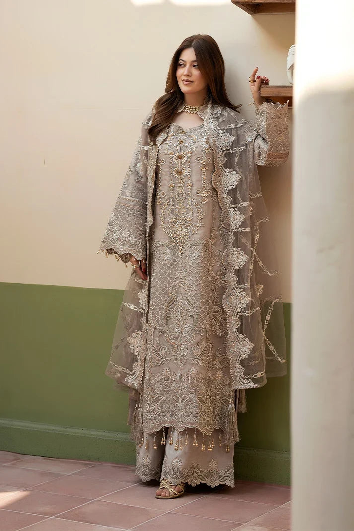 Mushroom Grey: Heavy Embroidered Organza Suit | Ready To Wear