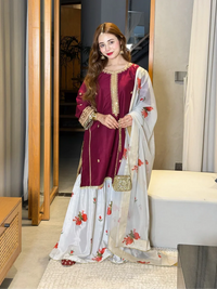 03-Piece Silk Suit With Printed Dupatta & Trouser | Ready To Weae