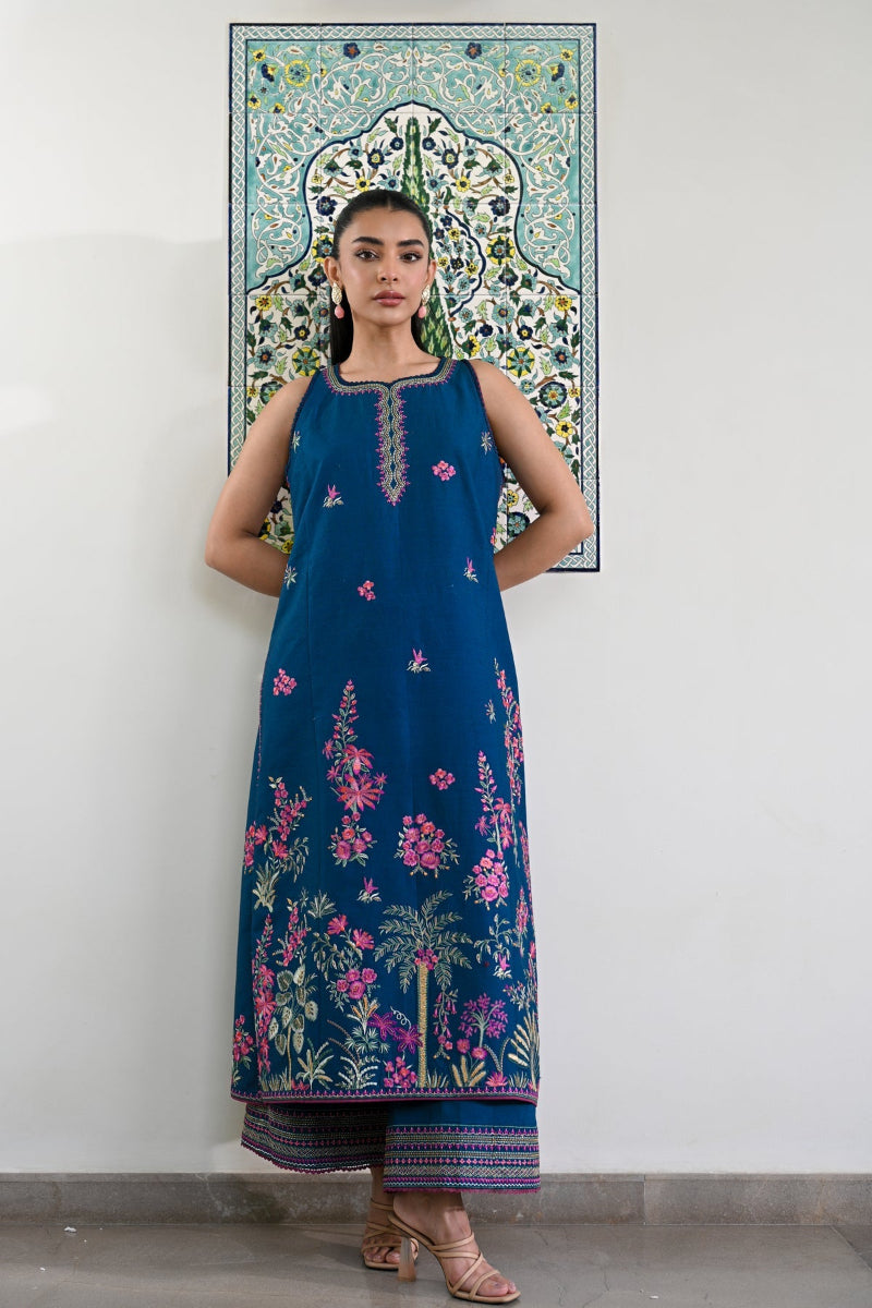 Teal Blue  Premium Air Jet Dhanak Embroidered 3-Piece suit – Ready to Wear