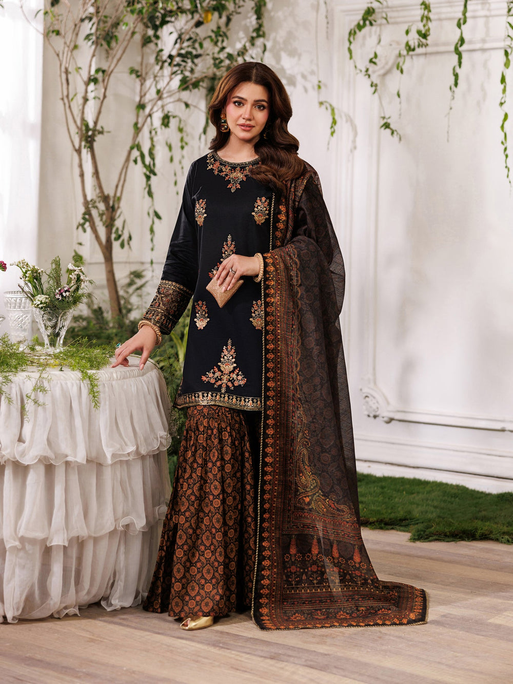 Jet Black & Copper Gold Heavy Embroidered Charmeuse Silk 3-Piece Suit | Ready To Wear