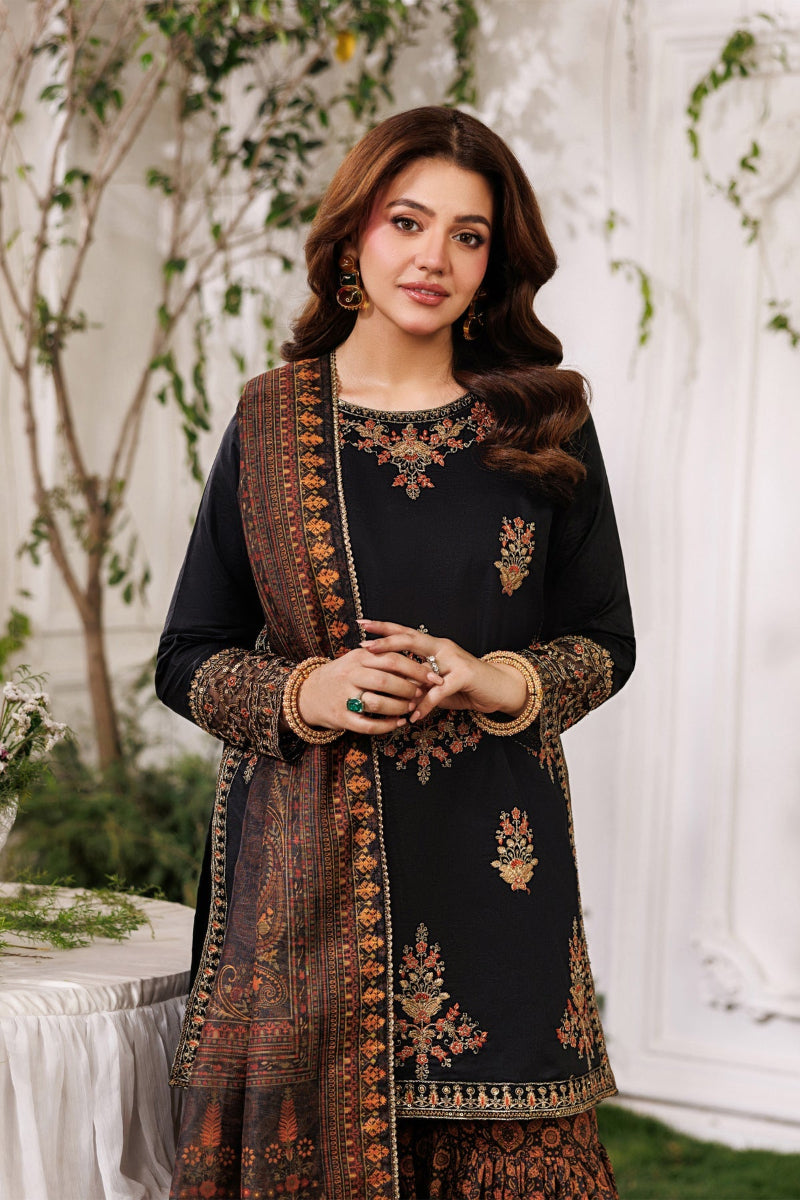 Jet Black & Copper Gold Heavy Embroidered Charmeuse Silk 3-Piece Suit | Ready To Wear