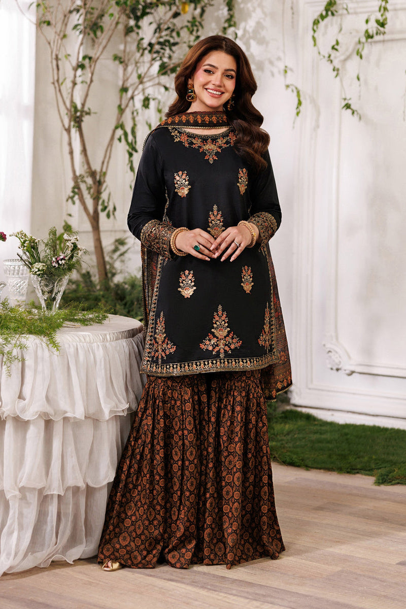 Jet Black & Copper Gold Heavy Embroidered Charmeuse Silk 3-Piece Suit | Ready To Wear