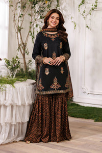 Jet Black & Copper Gold Heavy Embroidered Charmeuse Silk 3-Piece Suit | Ready To Wear