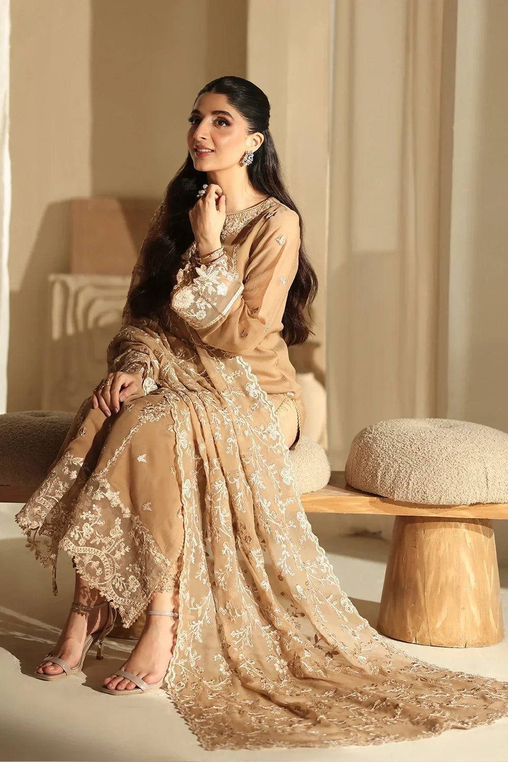 Warm Honey Beige & Ivory: Embroidered Chiffon Suit | Ready To Wear