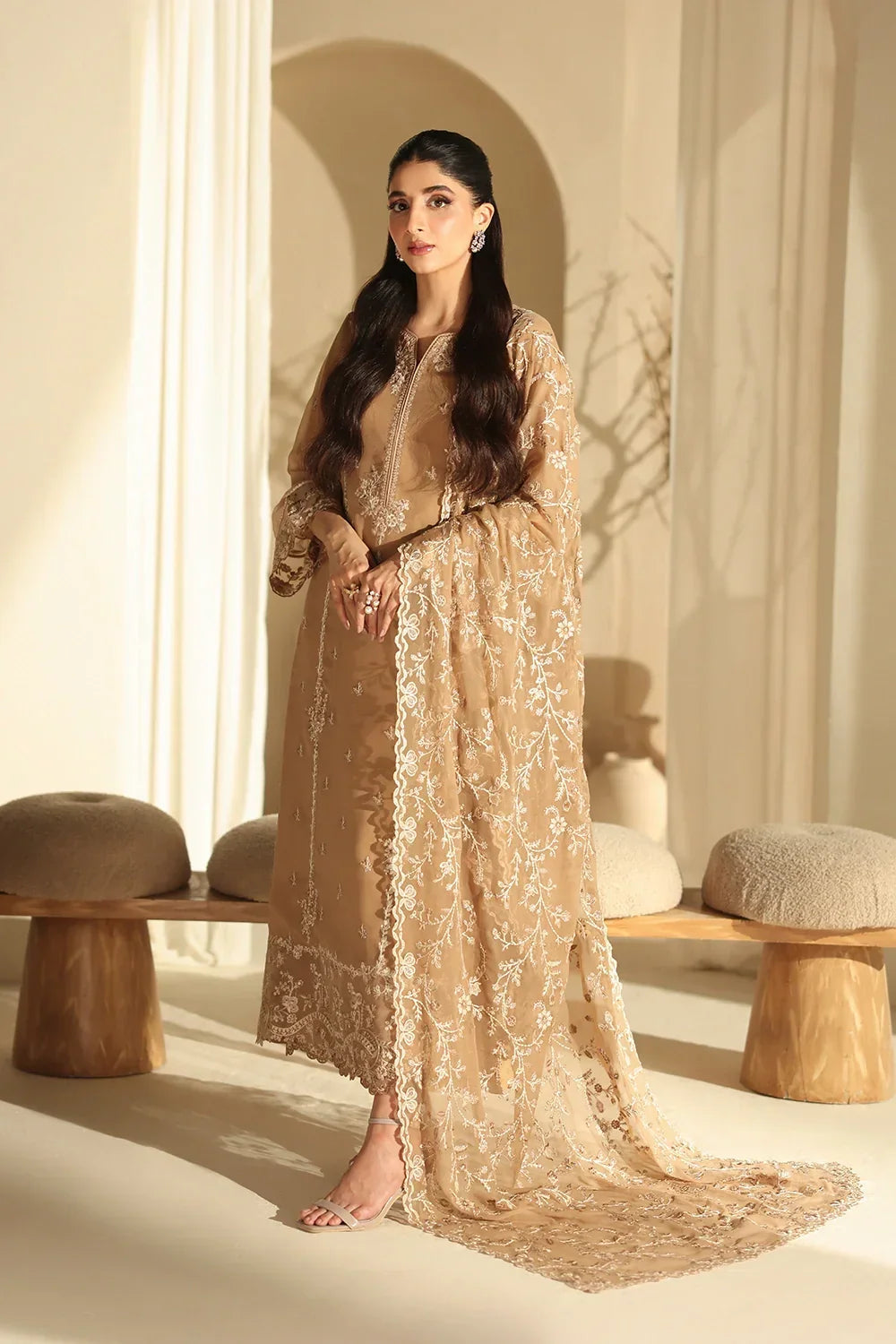 Warm Honey Beige & Ivory: Embroidered Chiffon Suit | Ready To Wear