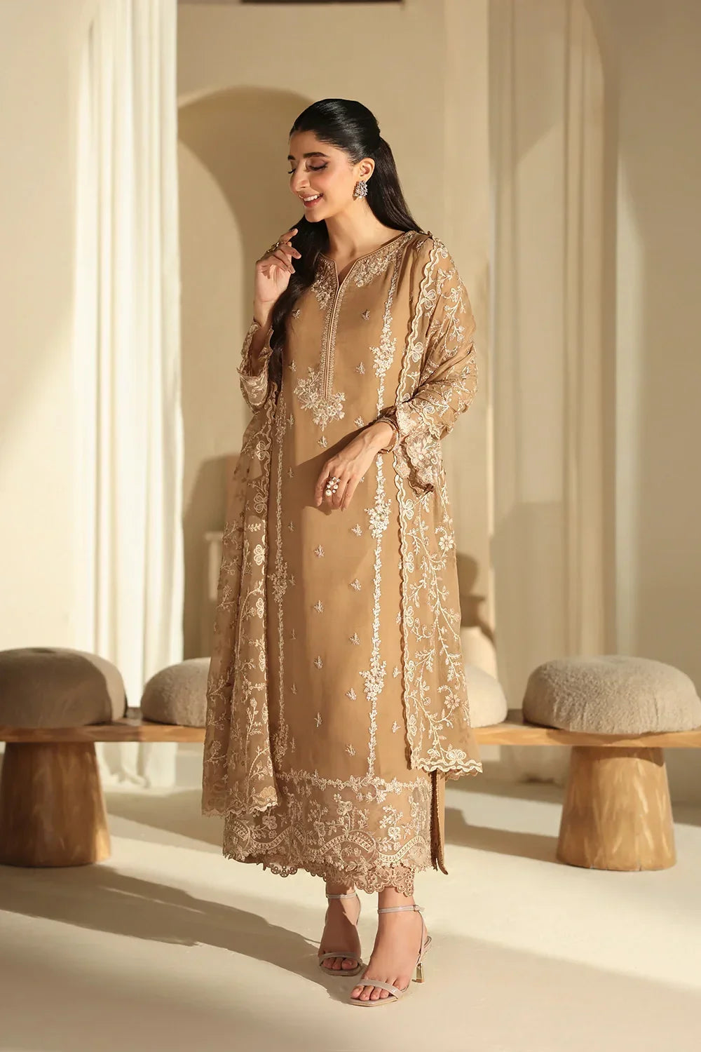 Warm Honey Beige & Ivory: Embroidered Chiffon Suit | Ready To Wear