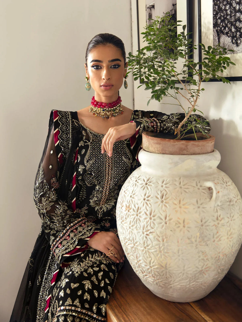 Pitch Black & Metallic Gold: Embroidered Chiffon Suit | Ready To Wear