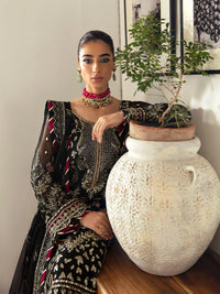 Pitch Black & Metallic Gold: Embroidered Chiffon Suit | Ready To Wear