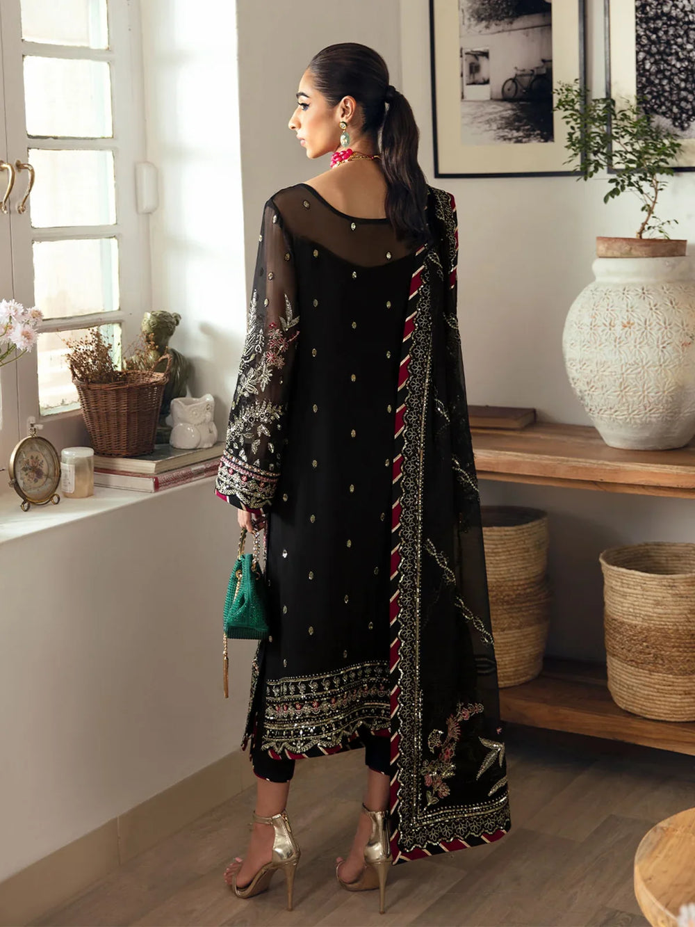 Pitch Black & Metallic Gold: Embroidered Chiffon Suit | Ready To Wear