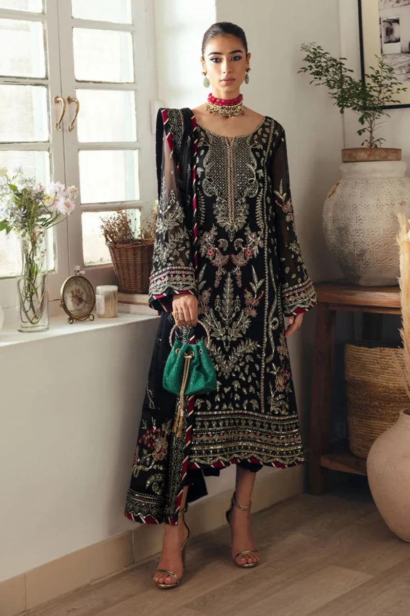 Pitch Black & Metallic Gold: Embroidered Chiffon Suit | Ready To Wear