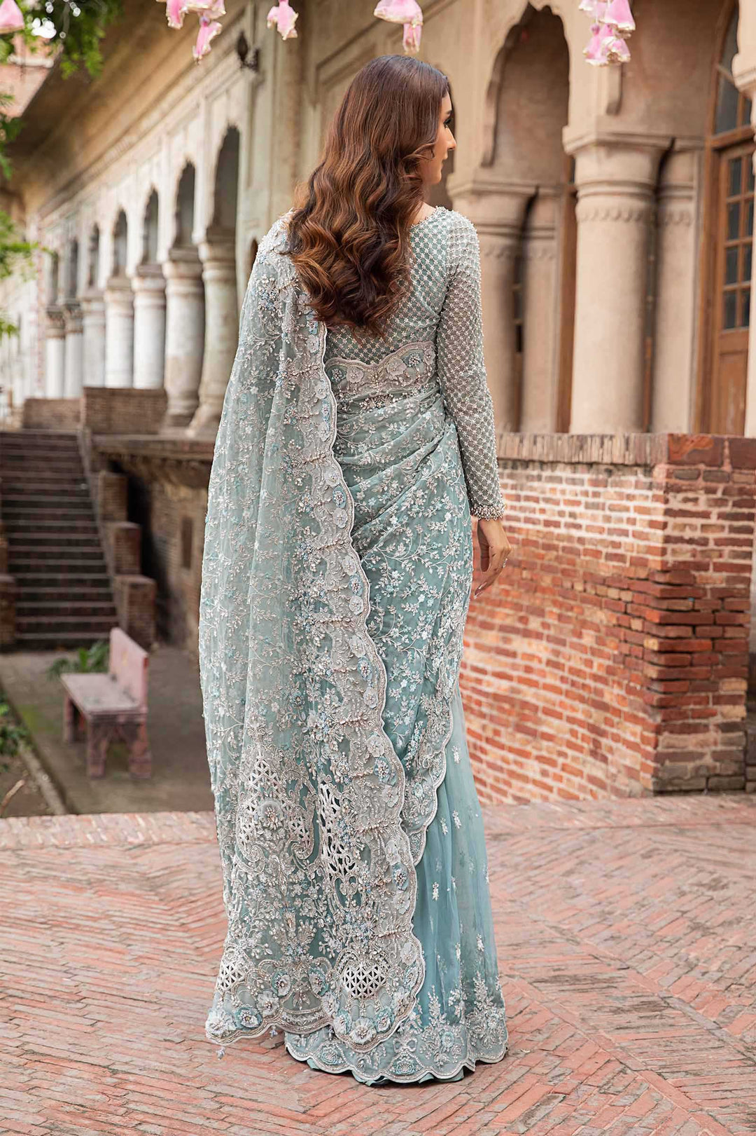 Ice Blue - Net Saree With Heavy Embroidery | Ready To Wear