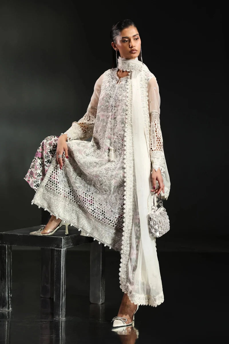 Icy White & Soft Floral Accent: Embroidered Organza Suit | Ready To Wear