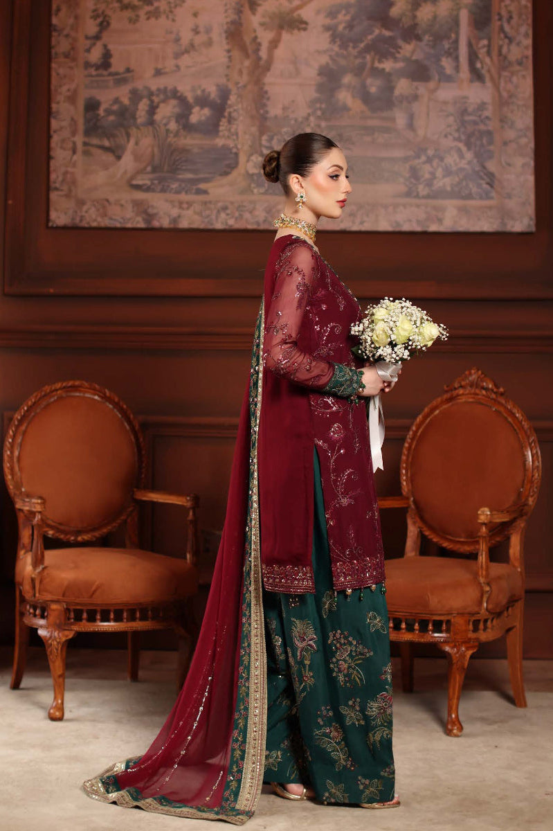 Maroon Chiffon Sequence Embroidered 3-Piece suit | Ready to Wear