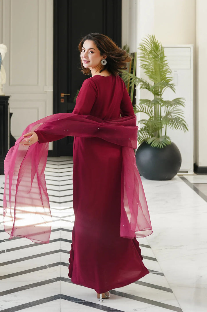 Shamoze Silk 3-Piece Suit with Embellished Neckline & Lace Net Dupatta | Ready to Wear