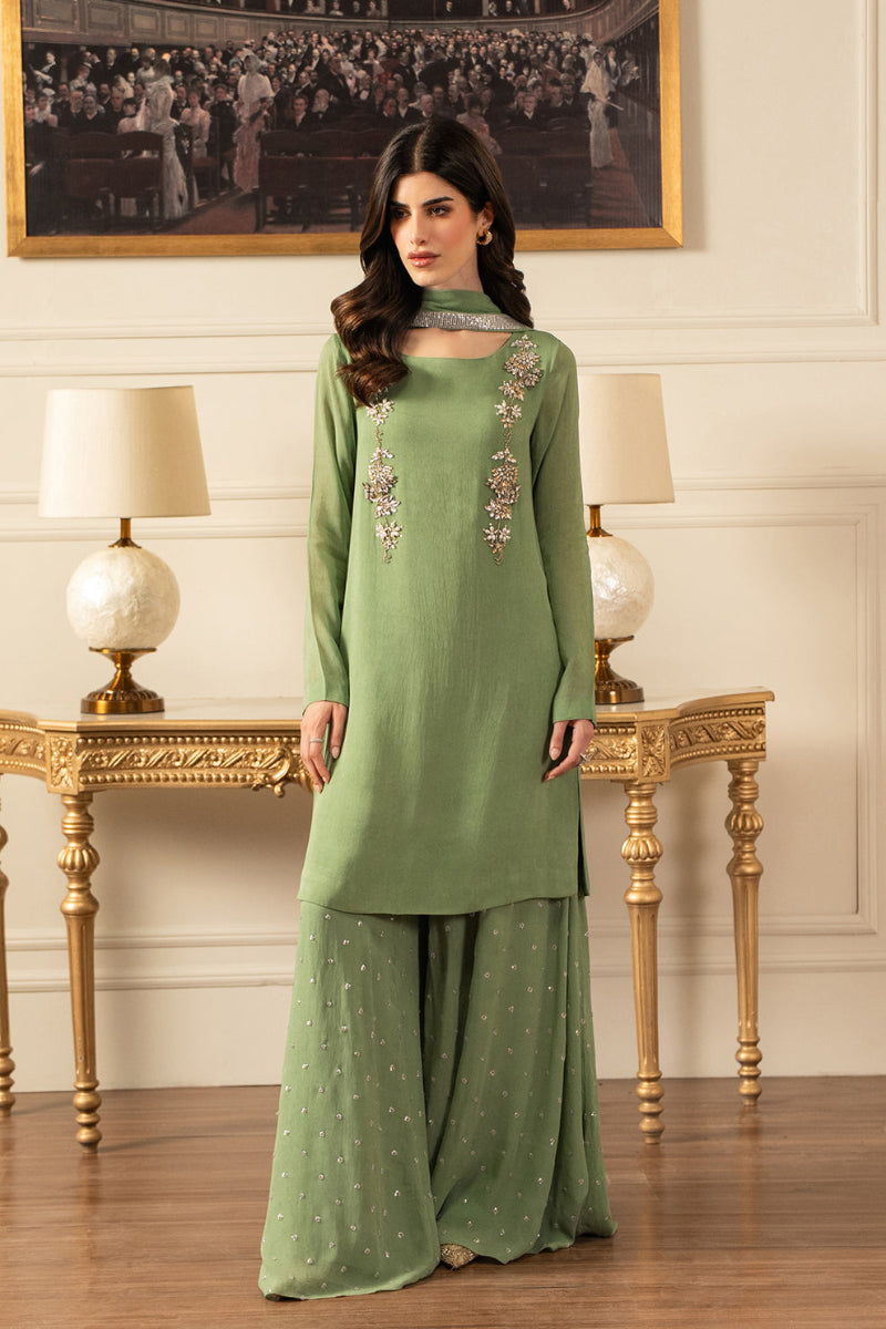 Pistachio Green Chiffon 3-Piece Gharara Suit | Ready to Wear