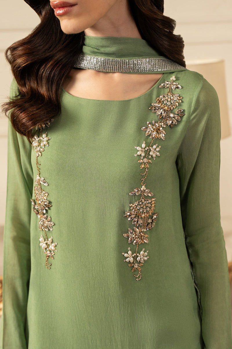 Pistachio Green Chiffon 3-Piece Gharara Suit | Ready to Wear