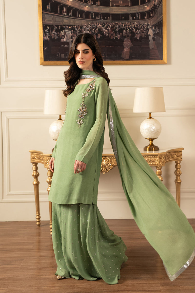 Pistachio Green Chiffon 3-Piece Gharara Suit | Ready to Wear
