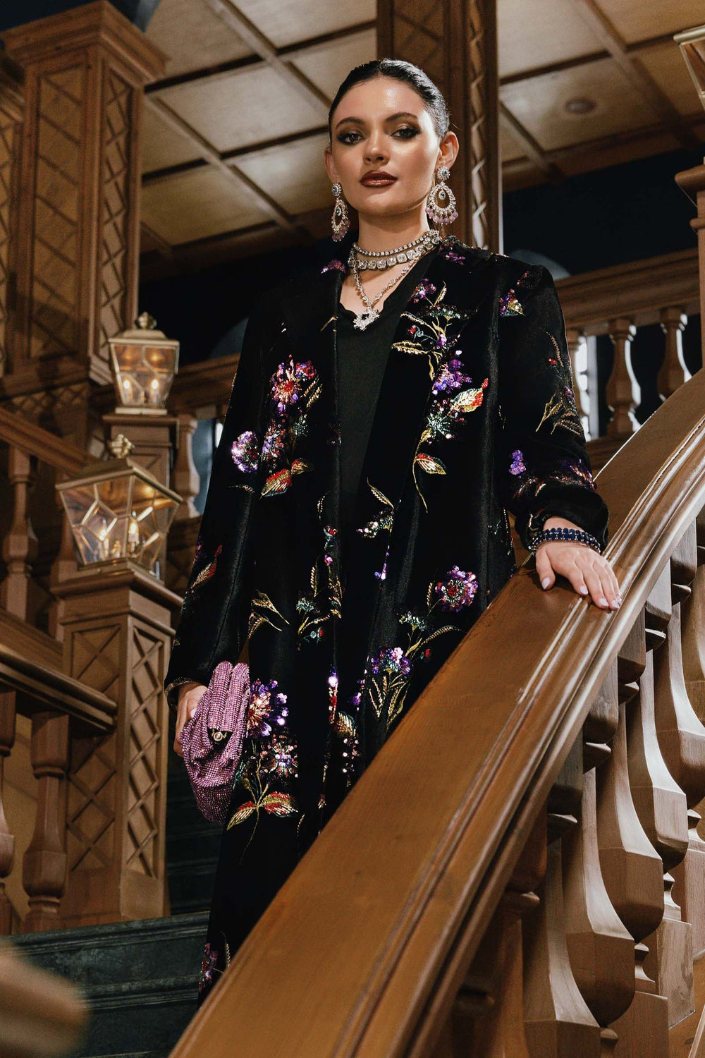 Midnight Black & Lavender: Folral Embroidered Silk Suit