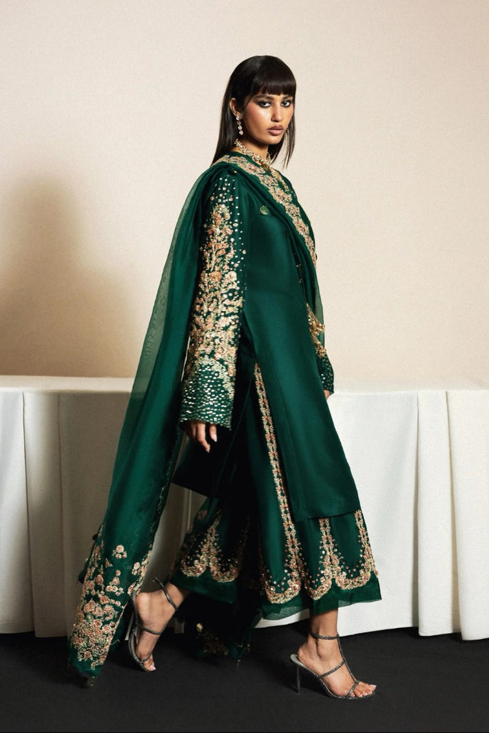 Emerald Green Raw Silk Embroidered 3-Piece Suit With Organza Dupatta | Ready To Wear