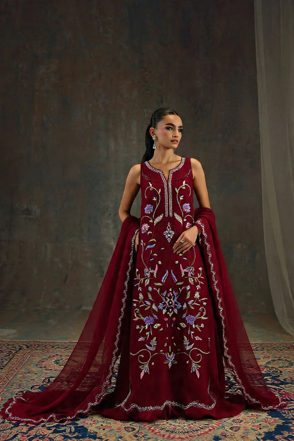 Shamoze Silk 3-Piece Suit with Embellished Neckline & Lace Net Dupatta | Ready to Wear
