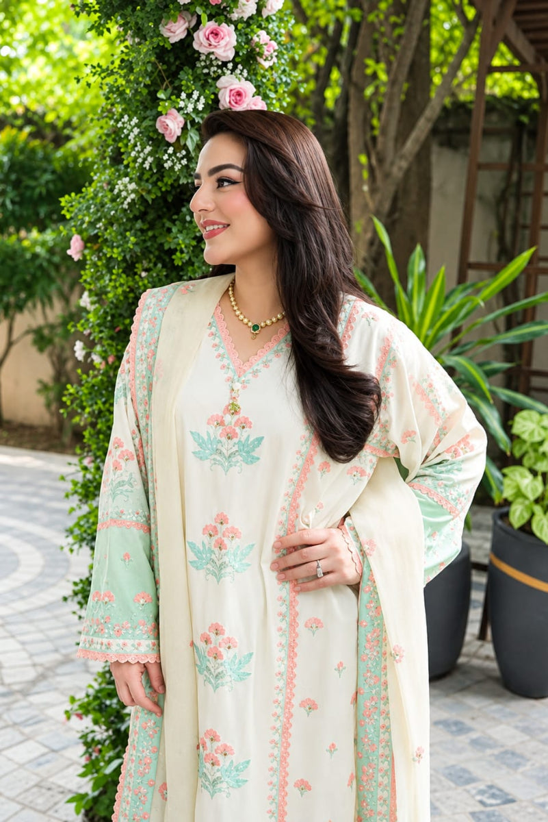 Ivory and Mint Green Tie & Dye Silk  3-Piece suit |Ready to Wear