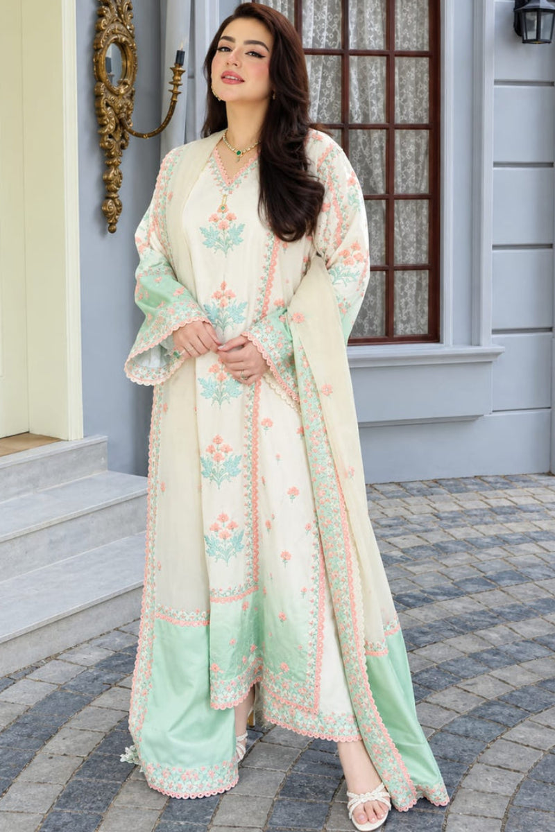 Ivory and Mint Green Tie & Dye Silk  3-Piece suit |Ready to Wear