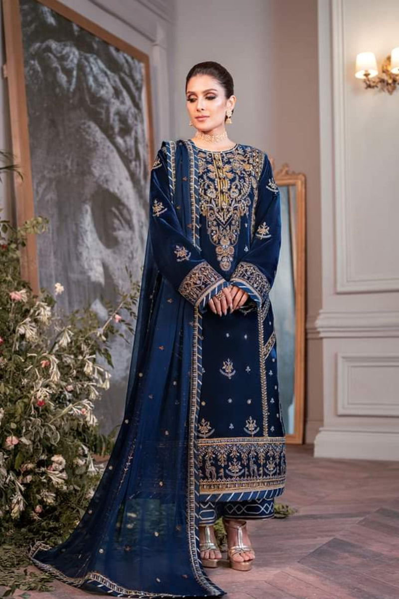 Royal Blue Heavy Embroidered Velvet Suit | Ready To Wear