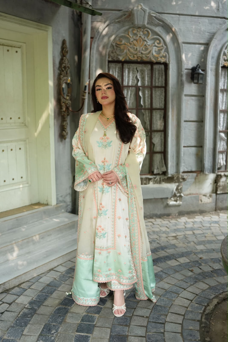 Ivory and Mint Green Tie & Dye Silk  3-Piece suit |Ready to Wear