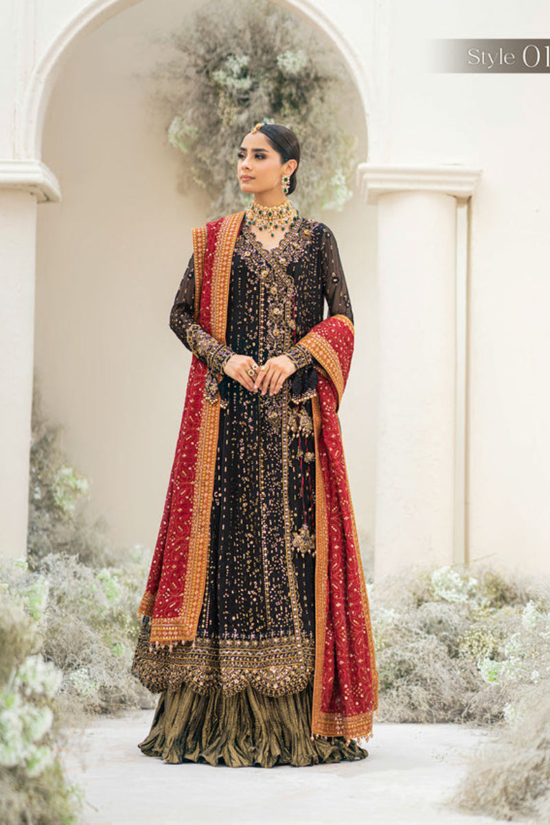 Black Chiffon Embroidered 3-Piece Suit with Scarlet Silk Shawl – Ready to Wear