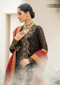 Black Chiffon Embroidered 3-Piece Suit with Scarlet Silk Shawl – Ready to Wear