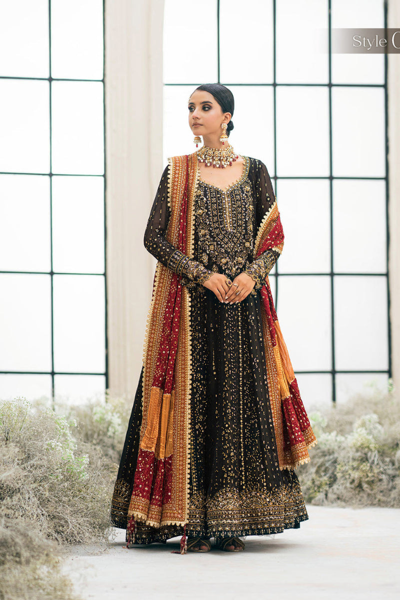 Black Chiffon Embroidered 3-Piece Suit with Scarlet Silk Shawl – Ready to Wear