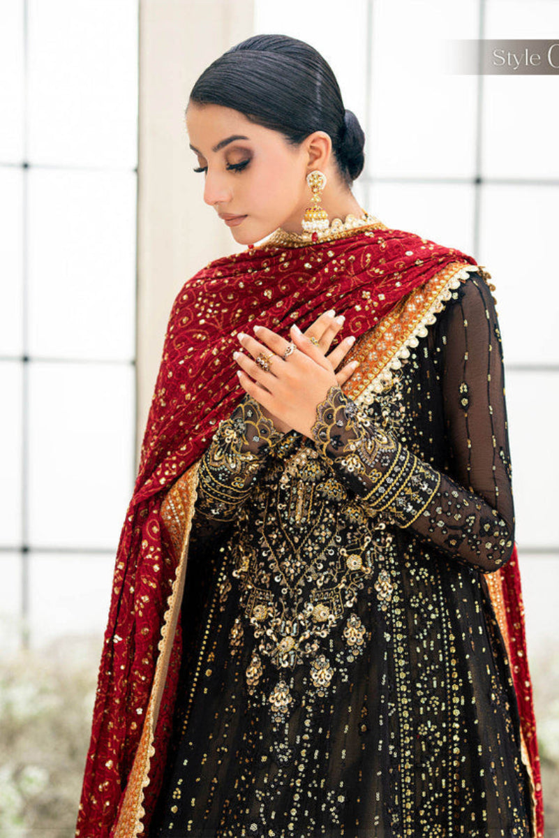 Black Chiffon Embroidered 3-Piece Suit with Scarlet Silk Shawl – Ready to Wear