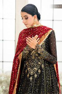Black Chiffon Embroidered 3-Piece Suit with Scarlet Silk Shawl – Ready to Wear
