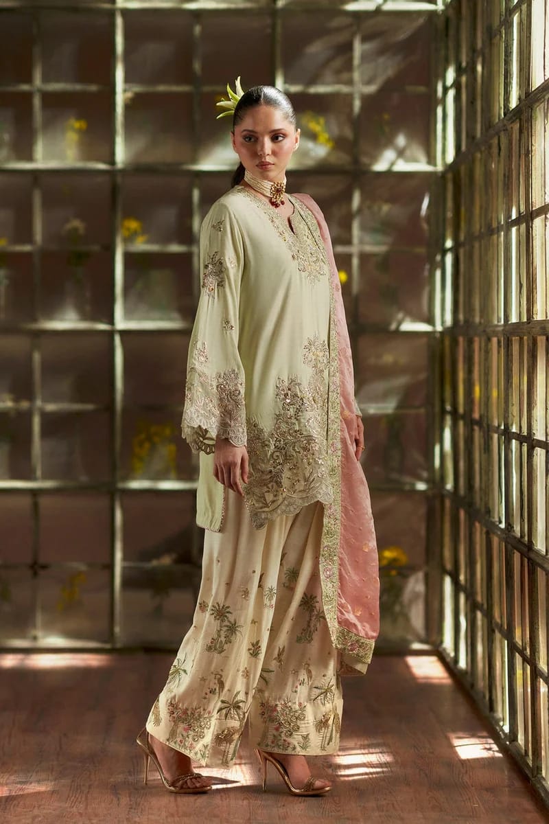 Pistachio Green  Luxury Raw Silk Embroidered 3-Piece suit | Ready to Wear