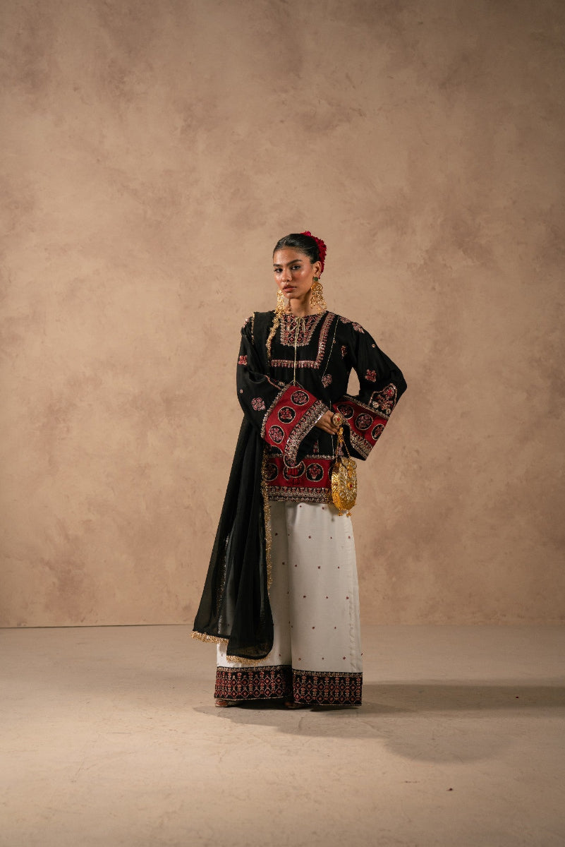 Ethnic Black & Maroon Shamooz Silk Embroidered 3-Piece Suit | Ready to Wear