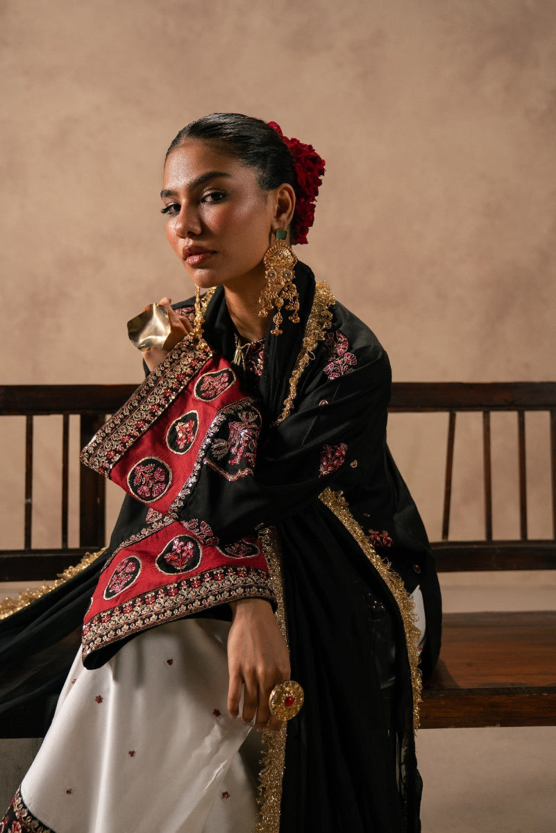 Ethnic Black & Maroon Shamooz Silk Embroidered 3-Piece Suit | Ready to Wear
