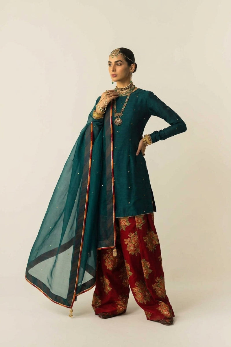 Emerald Green Semi Pure Chiffon Embroidered 3-Piece suit | Ready to Wear