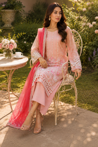 Soft Pink Luxury Semi Pure Chiffon Embroidered 3-Piece Suit | Ready to Wear