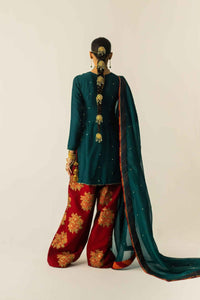 Emerald Green Semi Pure Chiffon Embroidered 3-Piece suit | Ready to Wear