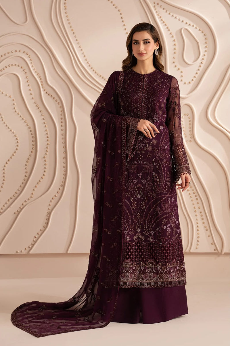 Premium Chiffon Embroidered Deep Plum 3-Piece Suit | Ready-to-Wear