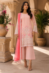 Soft Pink Luxury Semi Pure Chiffon Embroidered 3-Piece Suit | Ready to Wear